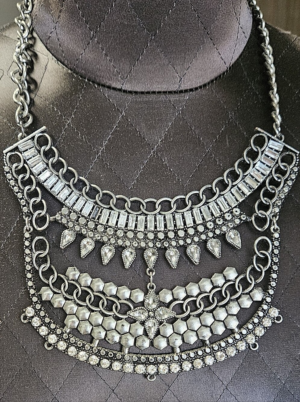 VTG Bohemian Boho Style Silver-Tone Multi-Layer Rhinestone Statement Necklace